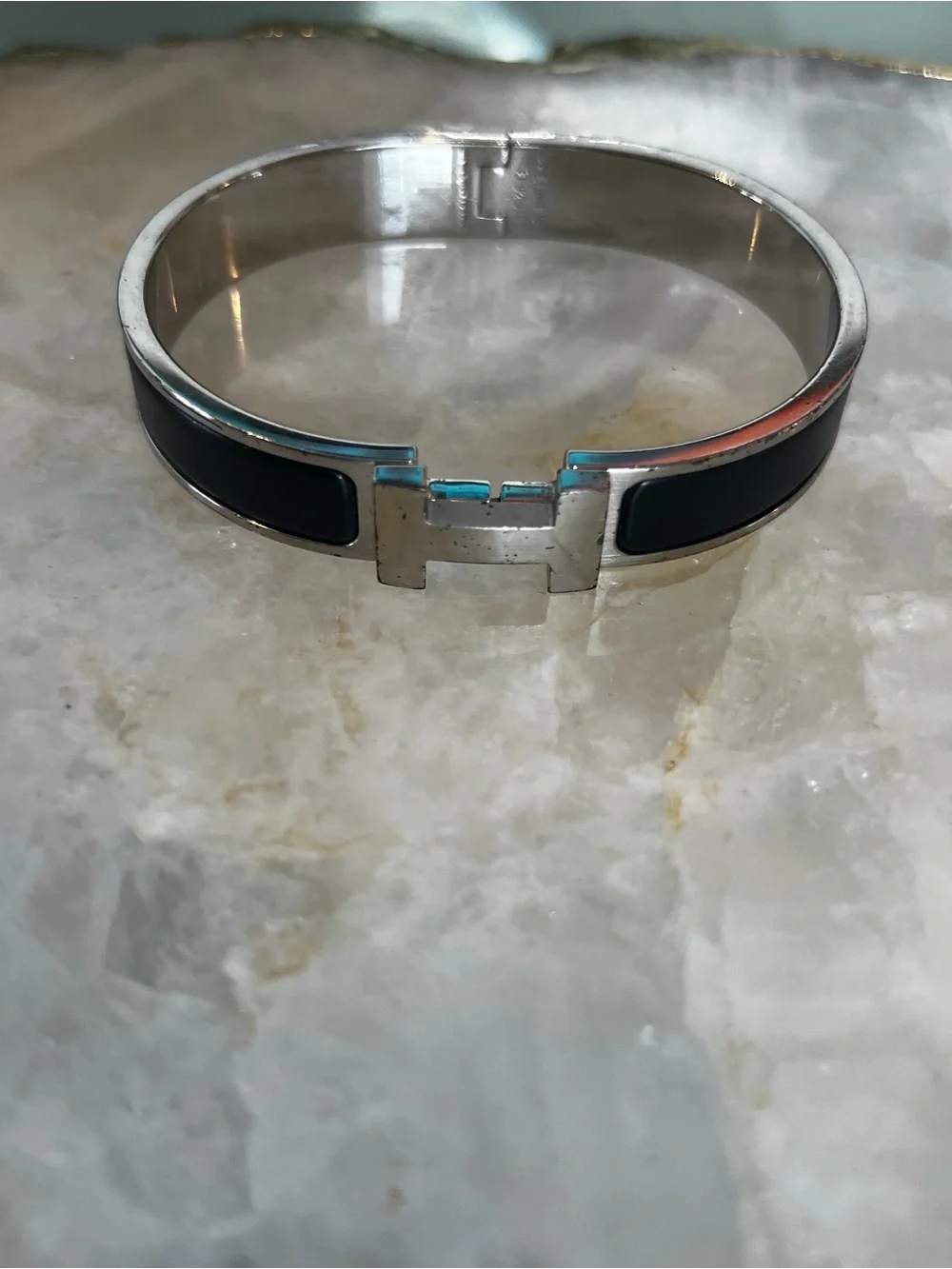 Hermes Men's Black and Silver H Cuff Bracelet
